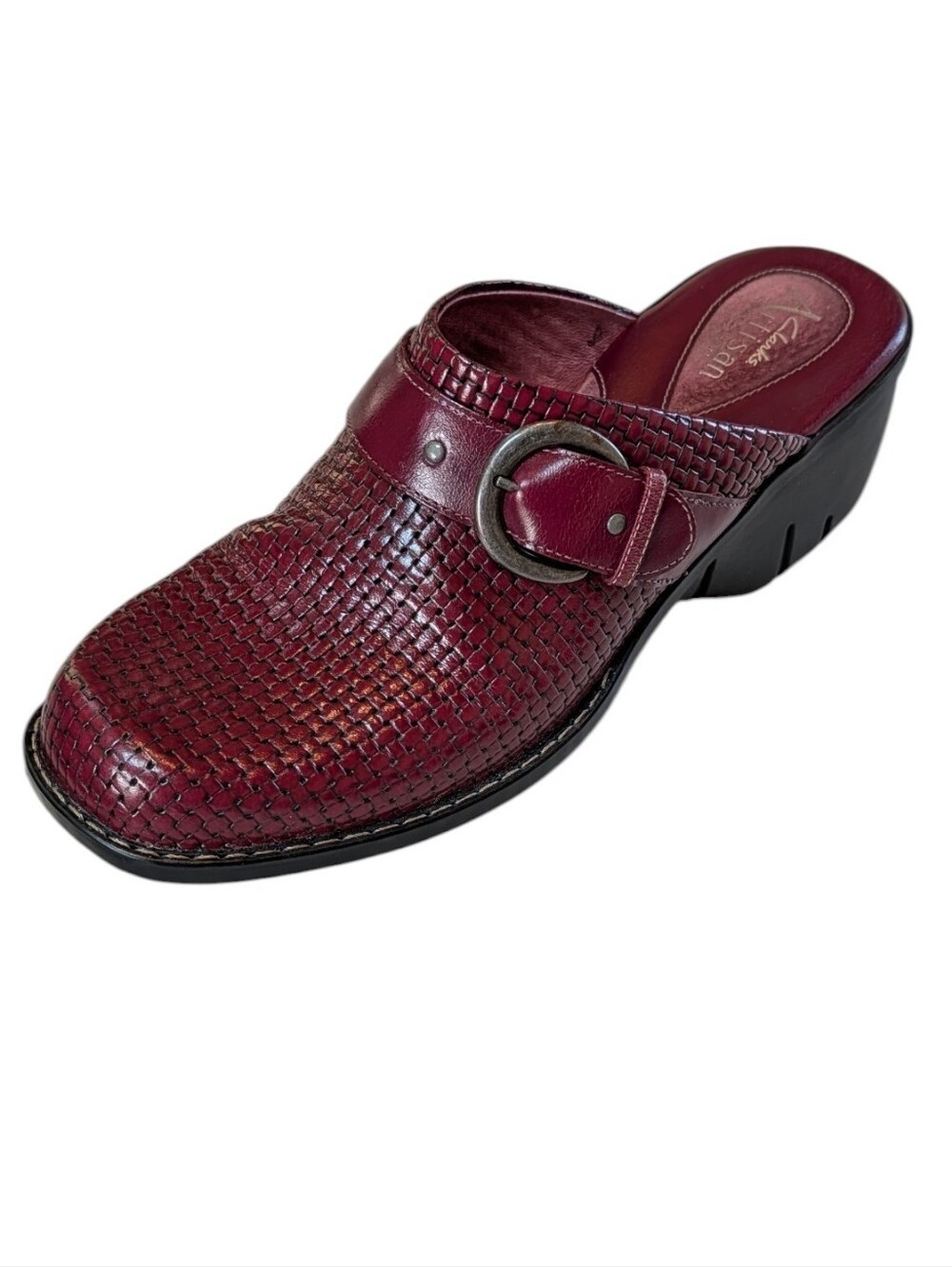 Clarks, Artisan Collection, Maroon/Burgundy, Basket Weave Leather Clogs. Size 10